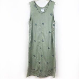 Vintage Coldwater Creek Green Linen Cotton Maxi Dress Butterfly Embroidered M